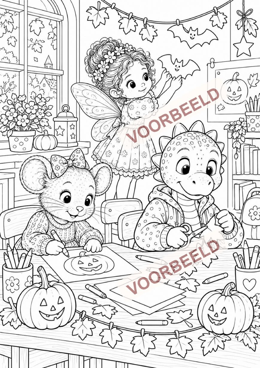 Voorbeeldkleurplaat van de vriendjes tijdens Halloween