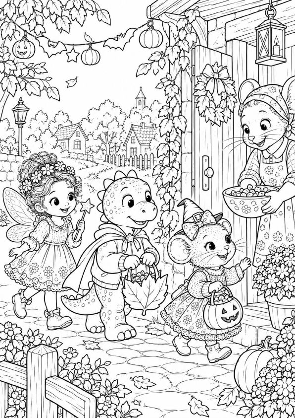 Voorbeeldkleurplaat van de drie vriendjes tijdens een warme herfstdag