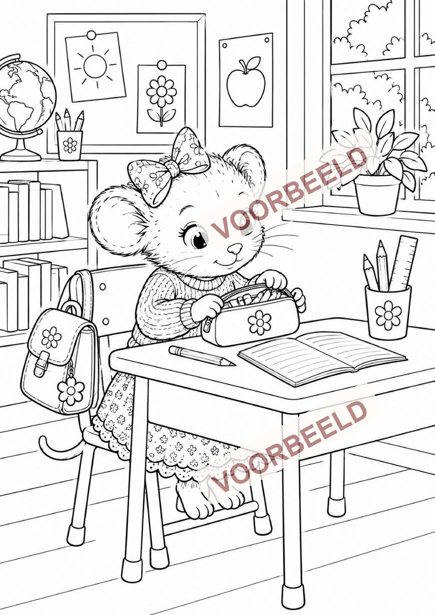 Voorbeeldkleurplaat van Mieneke Muis aan haar schoolbank