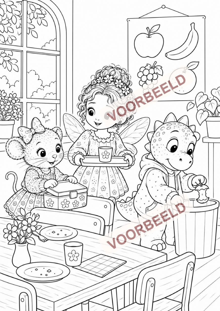 Voorbeeldkleurplaat van de vriendjes die samen thuis bakken